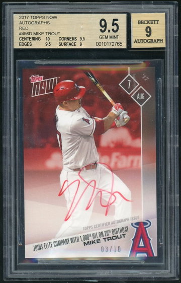 2017 Topps Now 456D Mike Trout Autographs Red /10 Beckett 9.5 Gem Mint Angels