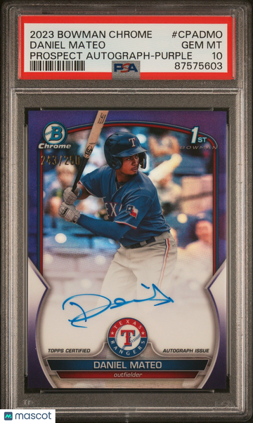 2023 Bowman Chrome Daniel Mateo #CPADMO Prospect Auto-Purple Ref /250 PSA 10