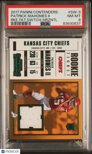 2017 Panini Contenders Rookie Ticket Swatches Patrick Mahomes II #SW-3 RKE. TKT. Swtch Hrzntl. PSA 8