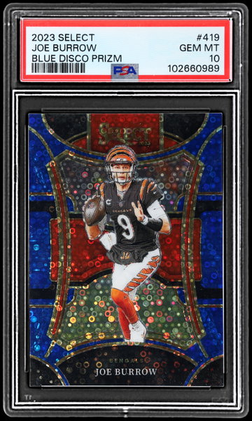 2023 Panini Select Joe Burrow Suite Level Blue Disco Prizm PSA 10