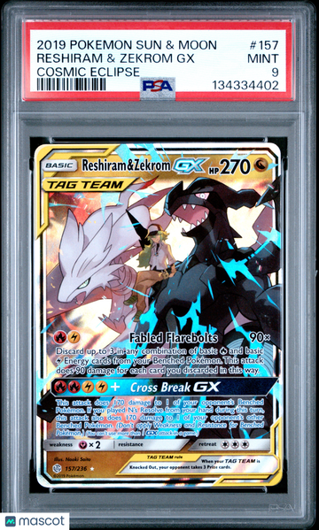 2019 Pokemon Sun & Moon Cosmic Eclipse Reshiram & Zekrom GX Cosmic Eclipse PSA 9 #157