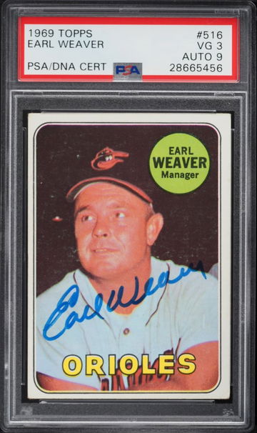 1969 Topps Earl Weaver #516 HOF RC PSA 3, Auto Grade 9