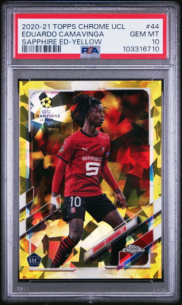 2020 TOPPS CHROME UEFA CL SAPPHIRE EDUARDO CAMAVINGA /99 YELLOW #44 RC PSA 10