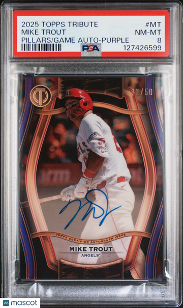 2025 Topps Tribute Pillars Of The Game Autographs Mike Trout #MT Purple /50 PSA 8