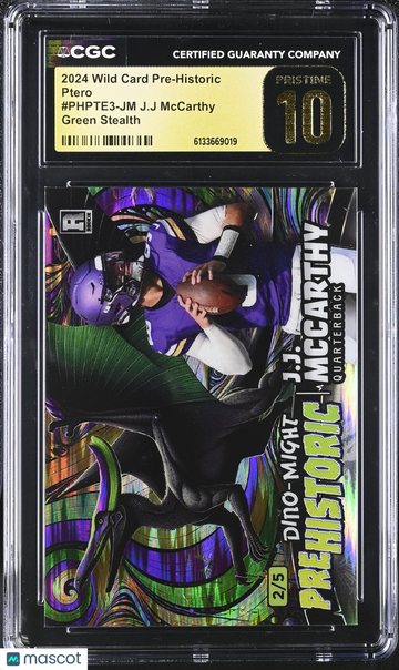 2024 Wild Card Pre-Historic J.J McCarthy #PHPTE3-JM Green Stealth /5 Ptero CGC 10