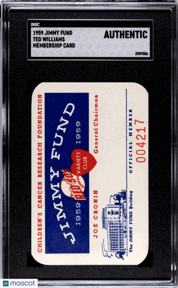 1959 Jimmy Fund Ted Williams Membership Card SGC A