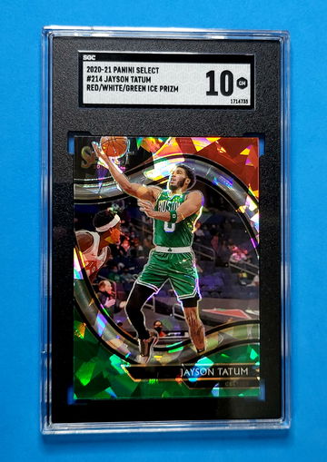 2020-21 Panini Select Basketball Jayson Tatum Red/White/Green Cracked Ice #214 SGC GM 10