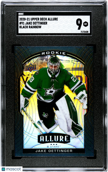 2020-21 Upper Deck Allure Black Rainbow Rookies Jake Oettinger #91 Refractor Rainbow SGC 9