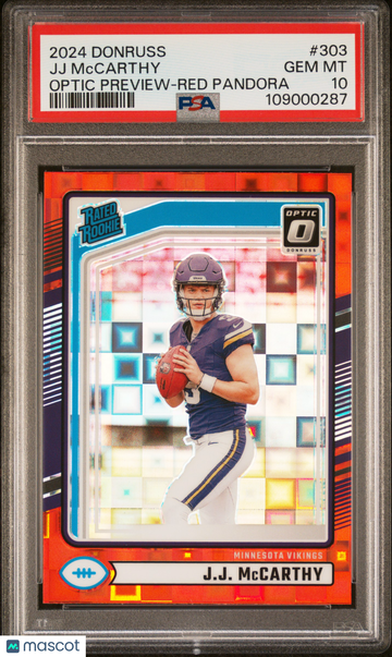 2024 Panini Donruss JJ Mccarthy Optic Preview Red Pandora Rookie #303 PSA 10 Minnesota Vikings