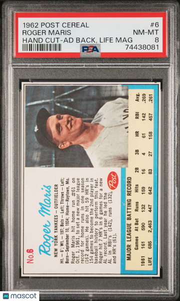1962 Post Cereal CFL Roger Maris #6 AD BACK, LIFE MAG PSA 8