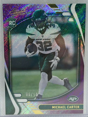  2021 Panini Absolute Football Michael Carter RC Purple Rain #129 Jets /10