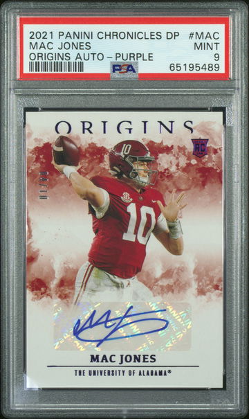 2021 Panini Chronicles Draft Picks Origins Rookie Autographs Mac Mac Jones Purple 04/10 PSA 9