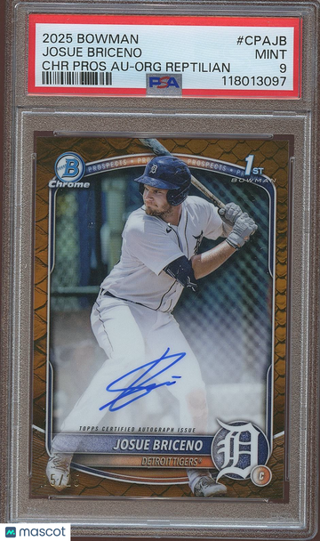 2025 Bowman Josue Briceno #CPA-JB Orange Reptilian Refractor Parallel/Variety Rookie Insert PSA 9
