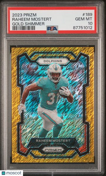 2023 Panini Prizm Raheem Mostert #189 Gold Shimmer PSA 10