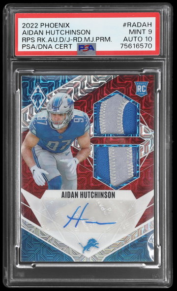 2022 Panini Phoenix Aidan Hutchinson Rps Rookie AUTO Dual Jersey Red Mojo Prime PSA 9 RC AUTO