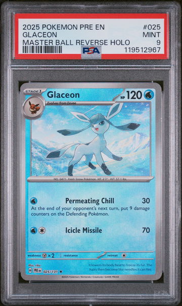 2025 Pokemon #025 Glaceon Master Ball Reverse Holo PSA 9