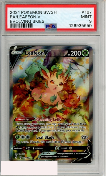 2021 POKEMON SWORD SHIELD EVOLVING SKIES FA LEAFEON V #167 EVOLVING SKIES PSA 9