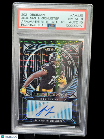2021 Panini Obsidian Aurora Autographs Juju Smith-Schuster #AAJJS Ara. Au E E Blue Finite /1 PSA 8 Auto 10