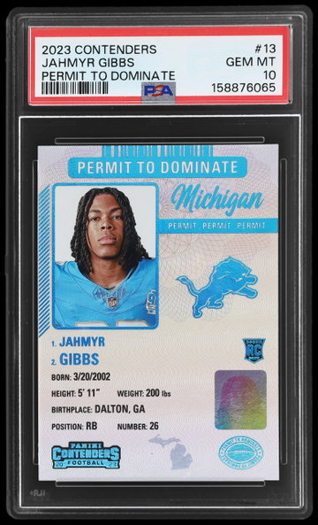 2023 Panini Contenders Permit To Dominate Jahmyr Gibbs PSA 10 RC