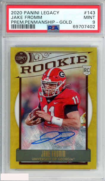 2020 PANINI LEGACY JAKE FROMM #143 PREMIUM PENMANSHIP GOLD 4 OF 10 RC PSA 9 MINT