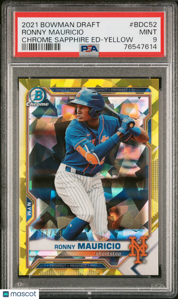 2021 Bowman Draft Ronny Mauricio #BDC52 Chrome Sapphire Ed Yellow /99 PSA 9