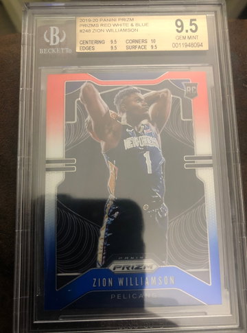 2019-20 Panini Prizm Red White Blue Zion Williamson Pelicans RC SP BGS 9.5