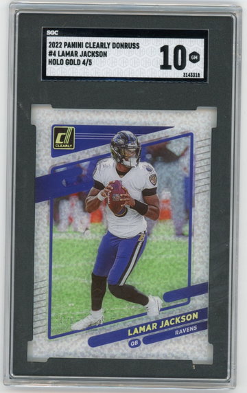2022 Panini Clearly Donruss #4 Lamar Jackson Holo Gold #'d 4/5 SGC 10 GEM MINT