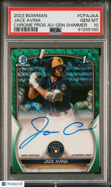 2023 Bowman Chrome Prospect Autographs Jace Avina #CPAJAA Green Shimmer PSA 10