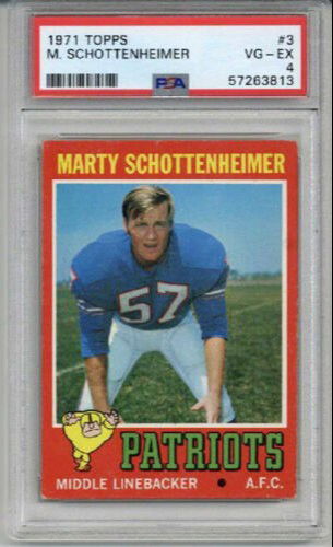 1971 TOPPS #3 MARTY SCHOTTENHEIMER ROOKIE RC CARD PATRIOTS PSA 4 WELL CENTERED