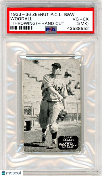 1933-36 Zeenut Pacific Coast League B&W Woodall (Throwing) Hand Cut MK PSA 4