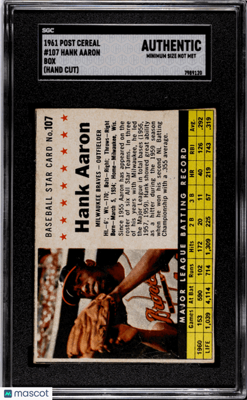 1961 Post Cereal Hank Aaron #107 Box (Hand Cut) SGC A