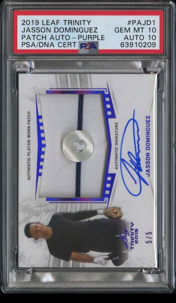 💎🔥2019 Leaf Trinity JASSON DOMINGUEZ Jumbo Button Patch AUTO 5/5 |PSA 10| 1/1 💎 POP 1