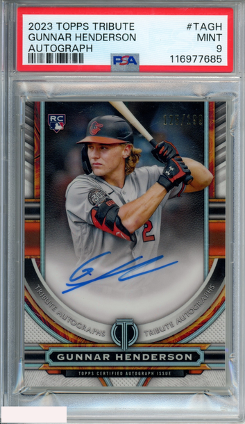 2023 TOPPS TRIBUTE GUNNAR HENDERSON #TAGH AUTOGRAPH 125 OF 199 ROOKIE RC PSA 9