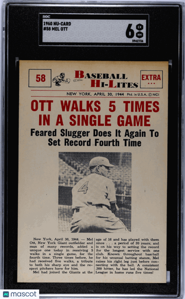 1960 Nu-Card Mel Ott #58 SGC 6