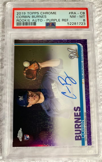 2019 Topps Chrome Corbin Burnes Rookie Auto Purple Refractor PSA 8. Population 1, 3 higher