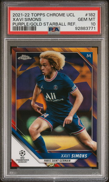 2021 Topps Chrome UEFA Champions League Purple & Gold Starball Refractor Xavi Simons #182 PSA 10