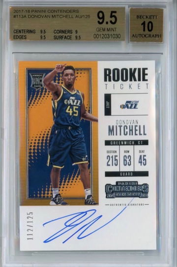 2017 Contenders Donovan Mitchell On Card Auto Rookie Ticket #’d /125  BGS 9.5 / 10 auto 
