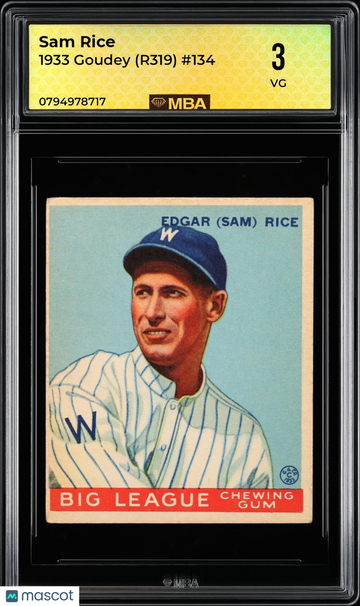 Graded 1933 Goudey Sam Rice #134 Baseball Card MBA 3