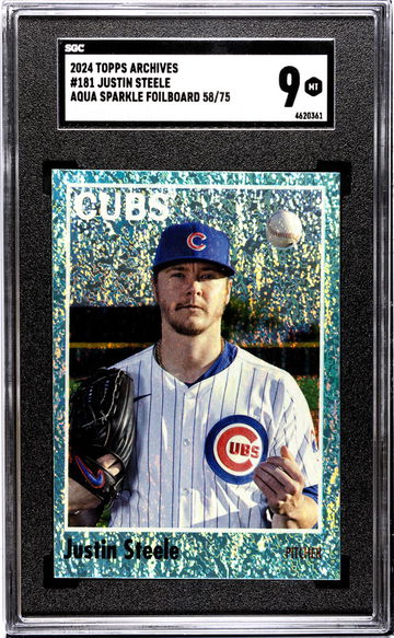 2024 Topps Archives #181 Justin Steele Aqua Sparkle Foilboard /75 SGC 9