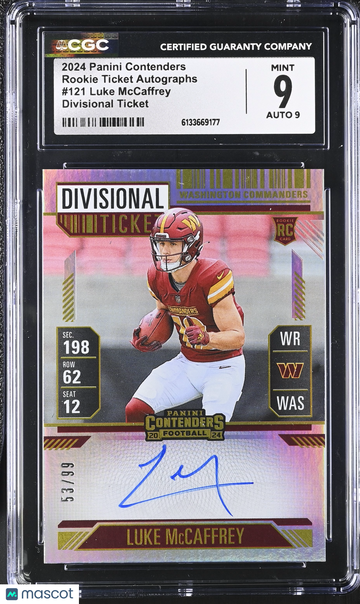 2024 Panini Contenders Luke McCaffrey #121 Divisional Ticket /99 Rookie Ticket Autographs CGC 9 Auto 9