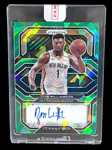 2020-21 Prizm Penmanship Zion Williamson Green Cracked Ice Auto 1/16 Jersey #