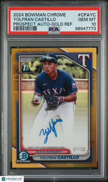2024 Bowman Chrome Prospect Autographs Yolfran Castillo #CPAYC Gold Ref /50 PSA 10