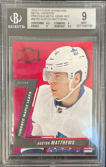 Auston Matthews 2016-17 Fleer Showcase Red Precious Metal Gems 134/150 Rookie RC #MU50 BGS 9 STRONG SUBS