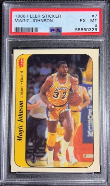 1986 FLEER STICKER #7 MAGIC JOHNSON LAKERS HOF PSA 6 EX-MINT