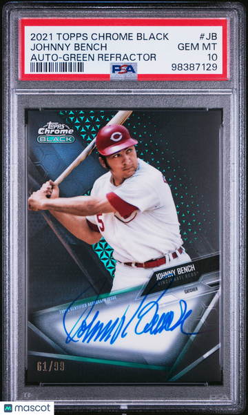 2021 Topps Chrome Black Autographs Johnny Bench #JB Green Refractor /99 PSA 10 Topps