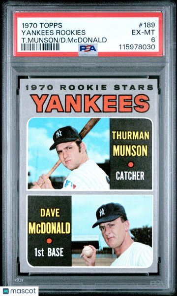 1970 Topps Yankees Rookies #189 T. Munson D. Mcdonald Rookie PSA 6