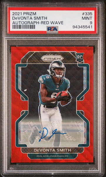 2021 Panini Prizm Rookie Autographs Red Wave Prizm Devonta Smith #335 /149 PSA 9