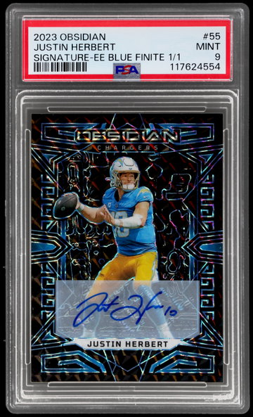 2023 Panini Obsidian Justin Herbert Signature Electric Etch Blue Finite PSA 9