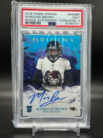 2019 Origins Rookie Autographs Marquise Brown Turquoise #5/25 - PSA 9
