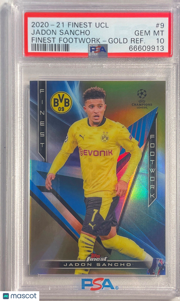 2020 Topps Finest UEFA Champions League Finest Footwork Jadon Sancho #9 Gold Refractor PSA 10